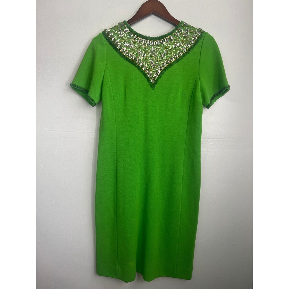 Robinson's Vintage Wool Shift Dress Green Size 14 60s Mod Sequin Beaded Cocktail